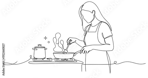 Outline of young caucasian female cooking on stove in kitchen scene. None editable stroke