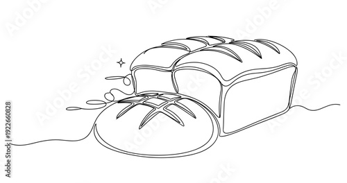 Line art of bread: creative loaf and roll illustration with flourishes. None editable stroke