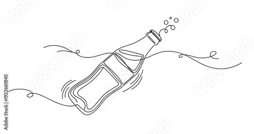 Floating bottle sketch with waves and bubbles in minimalistic line art. None editable stroke