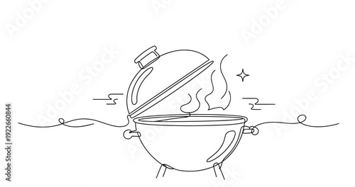 Minimalist continuous line drawing of a barbecue grill with steam and lid open. None editable stroke