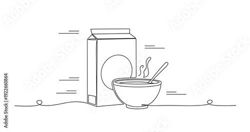 Line art of cereal bowl and milk carton on kitchen counter. None editable stroke