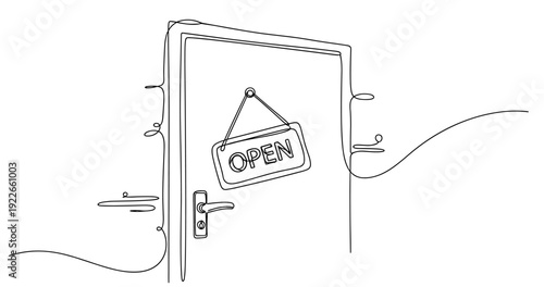 Minimalistic line drawing of door with open sign and decorative string lights. None editable stroke