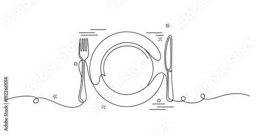 Minimalist line art plate, knife, fork design on white background. None editable stroke