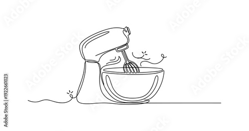 Continuous line drawing of electric mixer with bowl for baking enthusiasts. None editable stroke