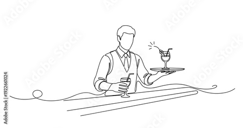 Continuous line drawing of a bartender serving drinks in minimalist style. None editable stroke