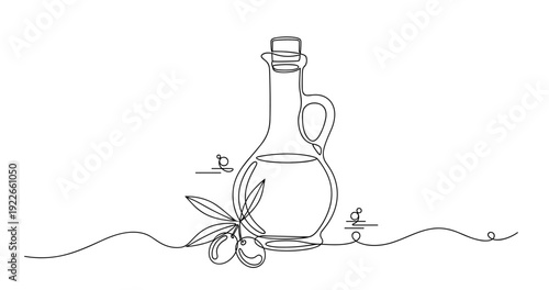 Minimalist line art of olive oil bottle with olives and leaves. None editable stroke