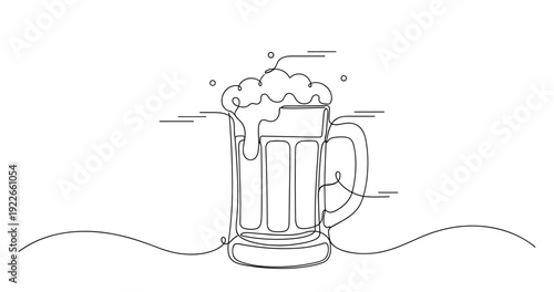Minimalist line art of beer mug with foam and bubbles. None editable stroke