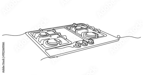Continuous line drawing of a gas stove with four burners and knobs. None editable stroke