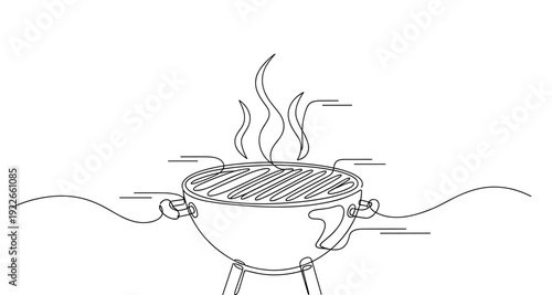 Line art of a charcoal barbecue grill with smoke and flames. None editable stroke