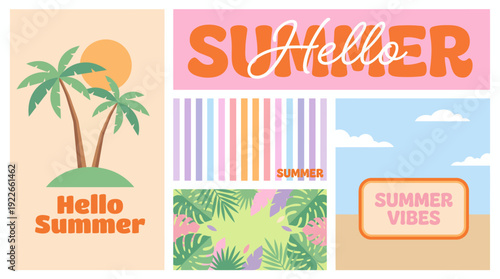 Bright tropical summer collage featuring palm trees, colorful patterns, and vibrant summer vibes for wall art, decor, and lifestyle imagery.