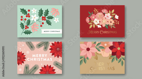 Set of four festive Christmas greeting cards featuring poinsettias, holly, berries and floral designs on red, teal, grey and beige backgrounds