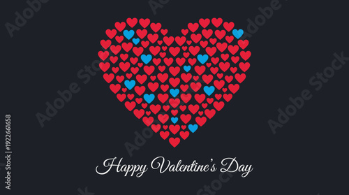 Large heart composed of tiny red and blue hearts on a dark background with Happy Valentine's Day caption