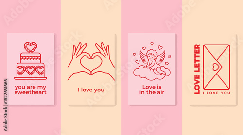 Romantic love-themed greeting card set with pastel pink panels featuring cake with a heart, hand-heart gesture, bouquet and love letter illustrations