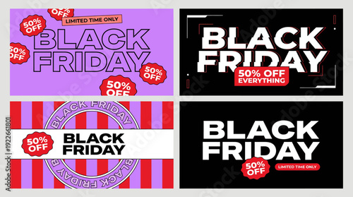 Two vibrant Black Friday promotional banners featuring 50% off offers in pink and black styles for online shopping and retailers.