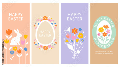 Set of four pastel Easter greeting cards featuring spring flowers, decorative eggs, and Happy Easter messages