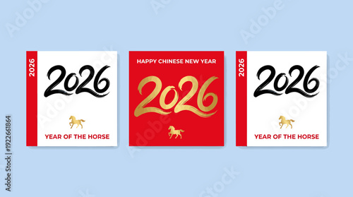 Triple Chinese New Year 2026 greeting cards featuring the Year of the Horse with festive red and gold designs
