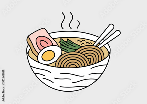 Noodle bowl ramen hand drawn line style illustration of Asian soup dish, classic Korean and Chinese cuisine symbol
