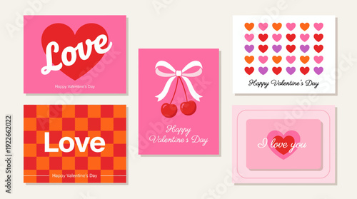 Collection of Valentine's Day greeting cards with pink and red designs, hearts, ribbons, and love messages for romance and gifting.