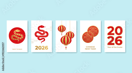 Set of five minimalist 2026 celebration posters featuring red circular motifs and orange typography on white cards mounted against a light blue wall.