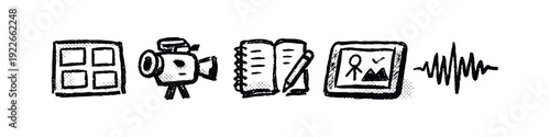Creative media production icons: grid, video camera, notebook, photo frame, and sound wave.