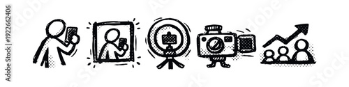 Hand-drawn doodle icons for online content creation, vlogging, social media marketing, and digital growth