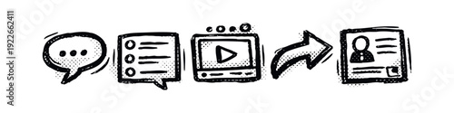 Hand-drawn doodle icons for online communication, video content, sharing, and user profiles