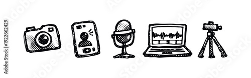 Hand-drawn doodle icons for audio-visual production, podcasting, video calls, and content creation