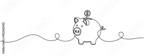 Continuous line drawing of piggy bank with coin symbolizing savings and financial growth. No editable stroke