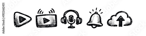 Hand-drawn doodle icons for multimedia playback, audio content, notifications, and cloud services
