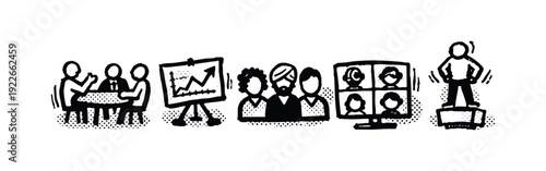 Hand-drawn doodle icons for business meetings, teamwork, video conferencing, and leadership