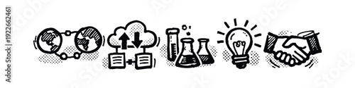 Hand-drawn doodle icons for global connectivity, cloud computing, innovation, and business partnership