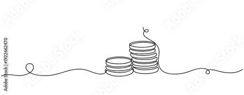 Minimalist continuous line drawing of stacked coins on white background. No editable stroke