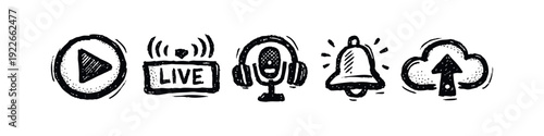 Hand-drawn doodle icons for live streaming, broadcasting, audio content, and cloud storage