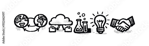 International Connection and Technology Icons with Cloud Data, Scientific Research, and Ideas