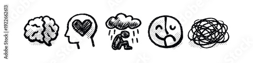 Mental health challenges and emotional distress icons set: brain, depression, anxiety, confusion. Hand-drawn psychology elements.