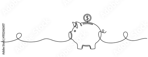 Continuous line art of piggy bank with coin and loop design. No editable stroke