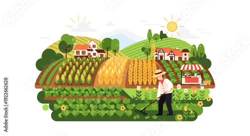 Agriculture Farm Landscape Vector Illustration. Farmer Tending Corn and Wheat Fields on Rolling Hills. Sustainable Rural Life and Harvest Scene.