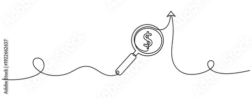 Magnifying glass with dollar sign analyzing financial growth with upward arrow. No editable stroke