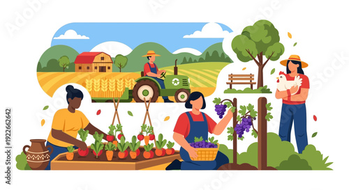 Modern Agriculture Illustration: Farmers Harvesting Diverse Crops (Carrots, Grapes), Driving Tractor, and Tending Chicken. Diverse Rural Farm Life Scene.