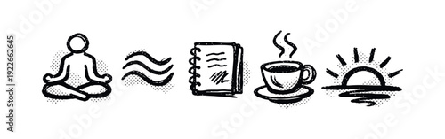 Mindfulness and daily routine icons: meditation, journaling, coffee, sunrise. Hand-drawn wellness and healthy lifestyle elements.