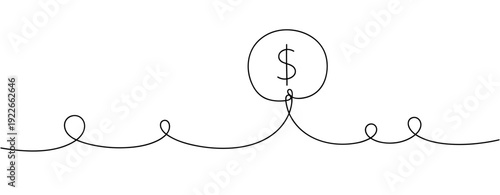 Minimalist continuous line drawing with dollar sign and swirls on white background. No editable stroke
