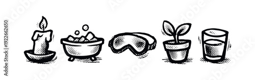 Self-care and wellness icons set: candle, bath, sleep mask, plant, water. Hand-drawn mental health elements.