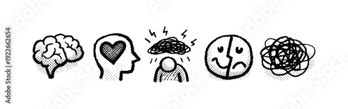 Mental health and psychological stress icons set: brain, emotional turmoil, anxiety, confusion. Hand-drawn mood elements.