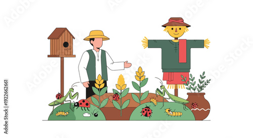 Sustainable Agriculture and Pest Control Ecosystem Illustration. Farmer, Scarecrow, Birdhouse, and Beneficial Insects in the Garden.