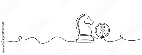 Continuous line art of chess knight and dollar coin symbolizing strategic investment. No editable stroke