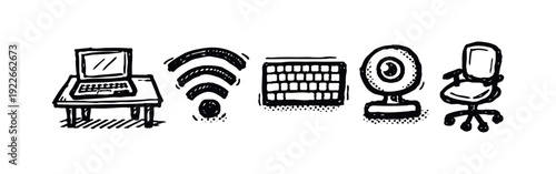 Remote work and home office essentials icons set: laptop, WiFi, keyboard, webcam, chair. Hand-drawn modern workspace elements.