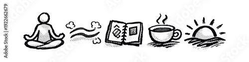 Peaceful morning routine icons: meditation, reading, coffee, sunrise. Hand-drawn self-care and relaxation elements set.