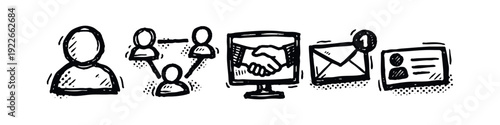 Business communication and networking icons: online connection, agreement, contact. Hand-drawn digital interaction elements.