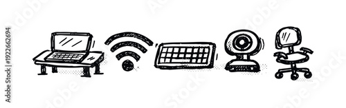 Remote work and home office essentials icons set: laptop, WiFi, keyboard, webcam, chair. Hand-drawn modern workspace elements.
