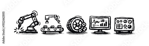 Hand-drawn set of industrial automation and manufacturing icons, showcasing robotics and smart factory concepts.